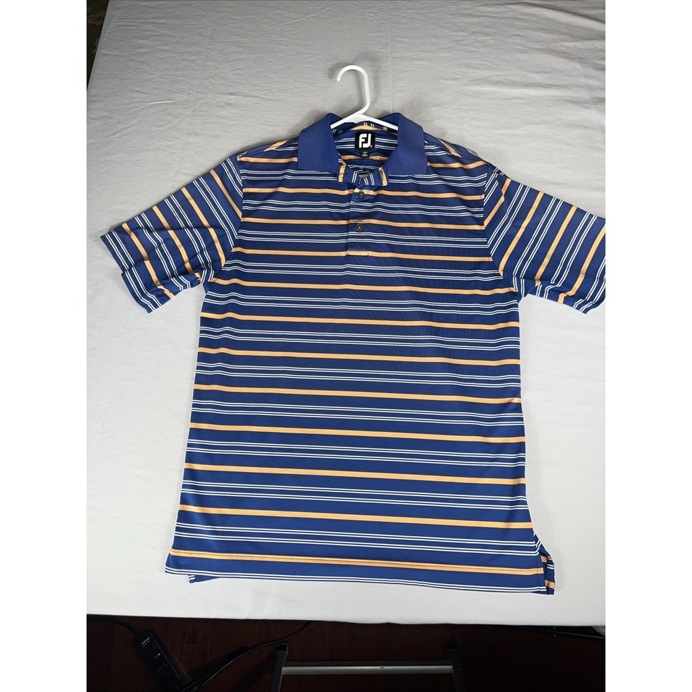 FootJoy FJ Golf Polo Shirt Mens Medium‎ Blue/Orange Striped Performance Stretch